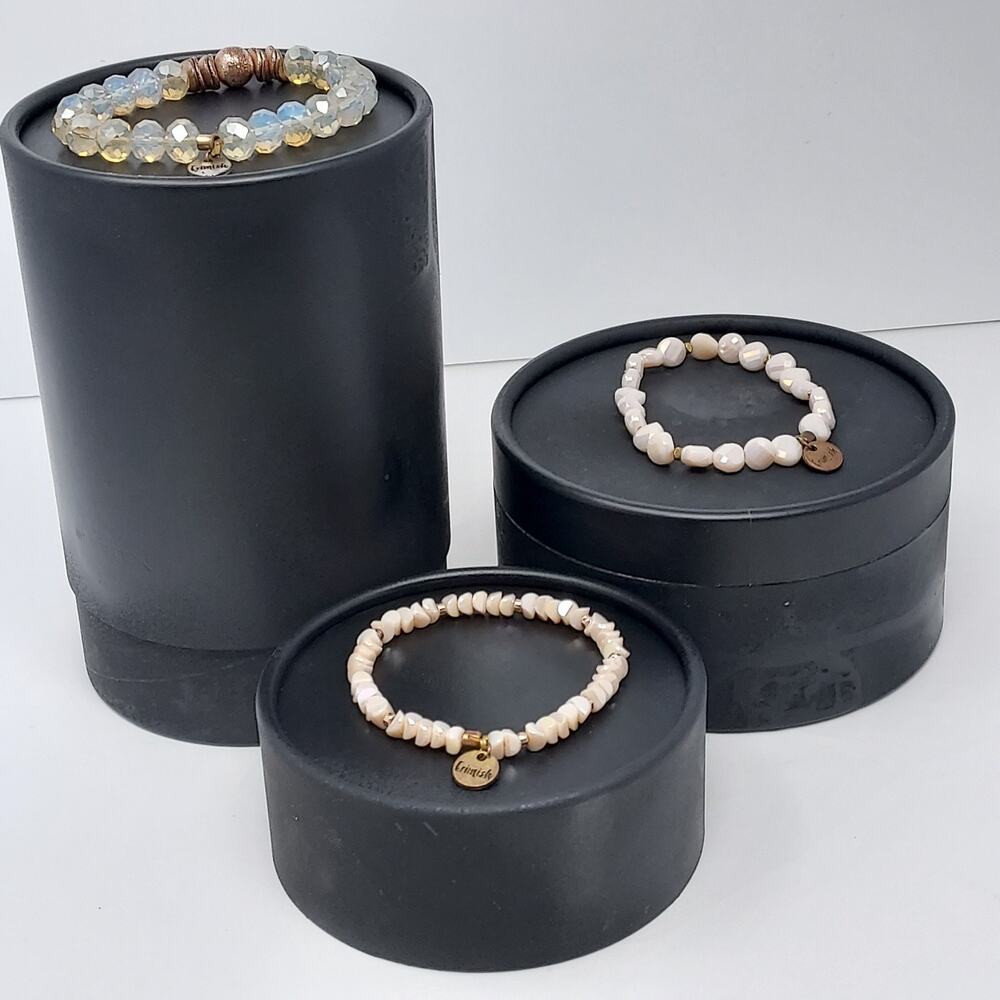 Erimish Gemstone Glass Bead Bracelet Bundle 3 Pieces Cream Tones Stretch Signed